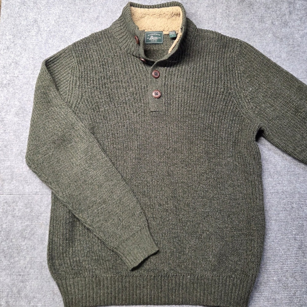 GH Bass Mens Olive Green Mock Neck Quarter Button Shearling Lined Sweater Medium
